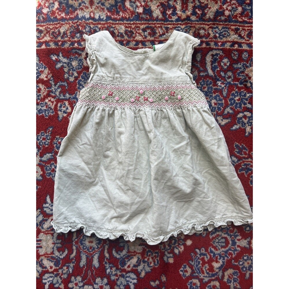 Smocked Dress Sleeveless Green Roses 100% Cotton Size 18 Months Corduroy